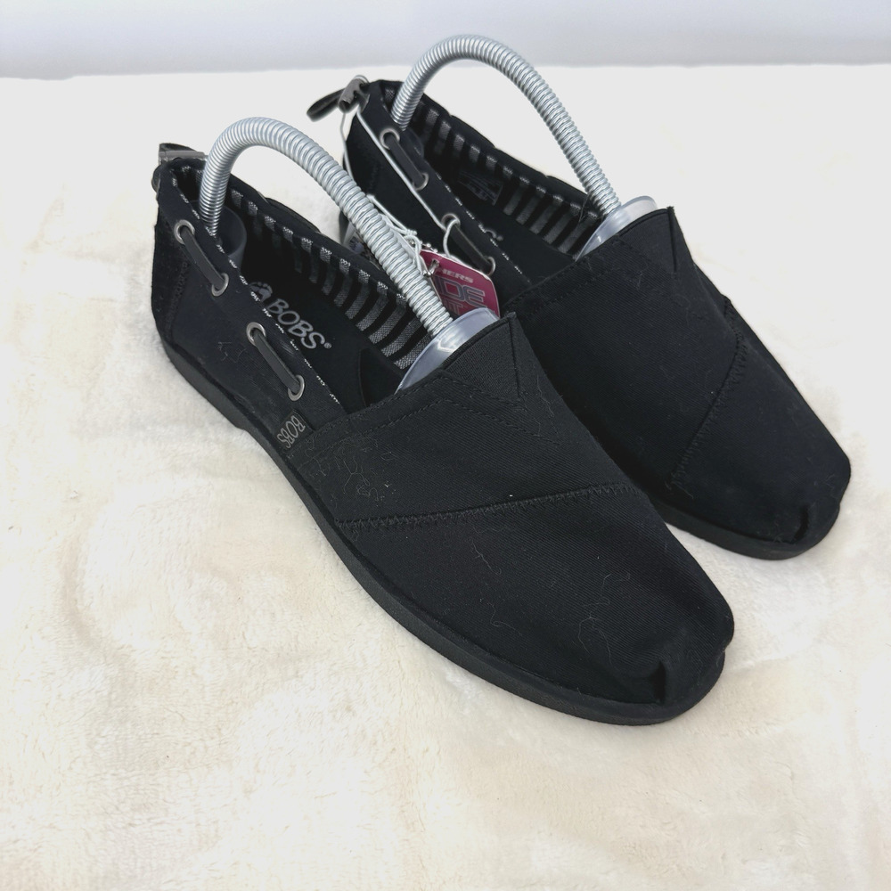 Bobs by Skechers Chill Luxe Buttoned Up Black Flats Slip-Ons Women 8.5 Wide Fit
